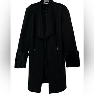 T Tahari Black Coat Draped Open Front Faux Fur Trim Vegan Microsuede Chic Size M
